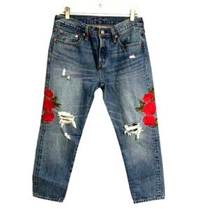 Levis 501 Womens Distressed Blue Jeans W28 L26 Rose Embroidery Straight Fit